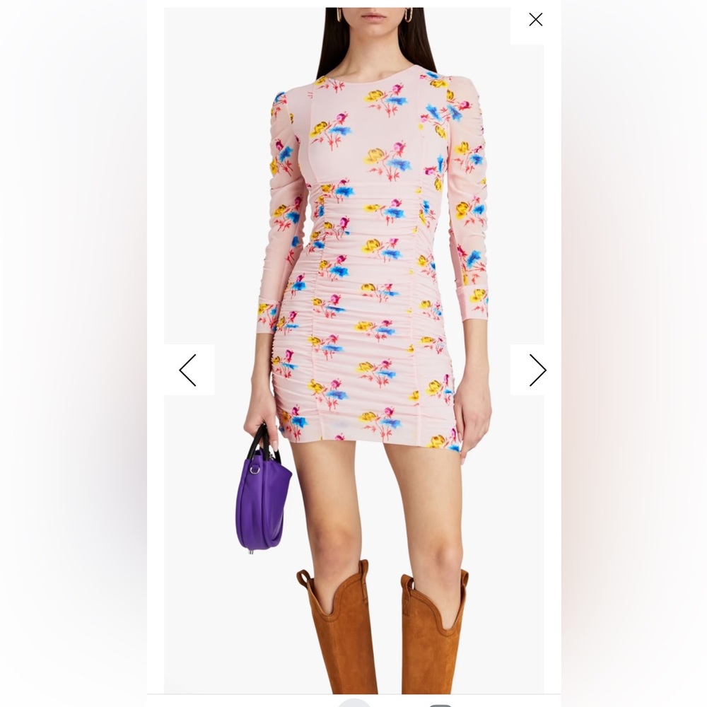 Ganni Ruched Floral-Print Stretch-Mesh Minidress